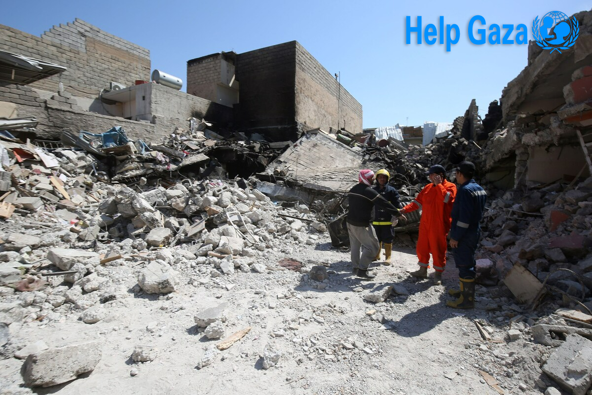 Destroyed residential buildings in Gaza after airstrikes