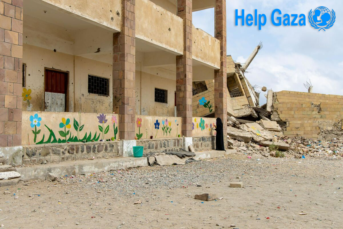 Ruins of a school in Gaza destroyed by conflict